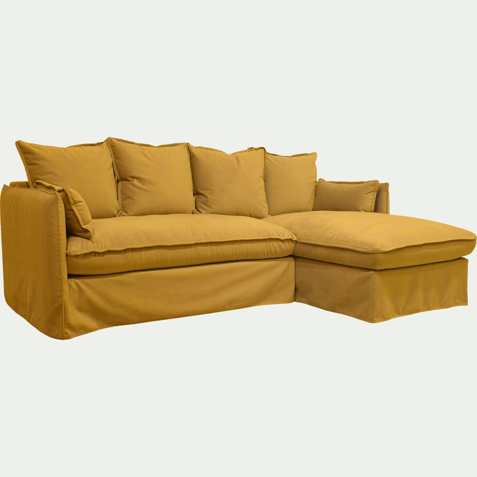 Canapé d'angle droit convertible en velours - jaune argan-KALISTO