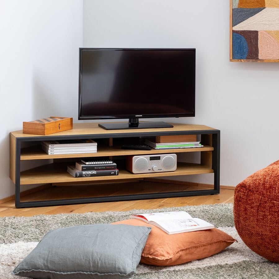 Meuble TV angle en pin massif et métal - bois clair-ENDOUME