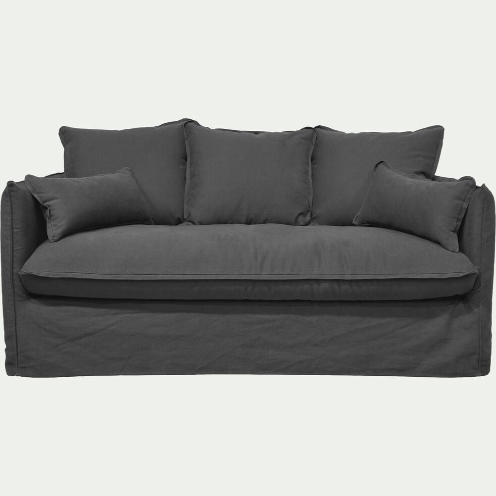 Canapé 3 places fixe en coton et lin - gris ardoise-KALISTO