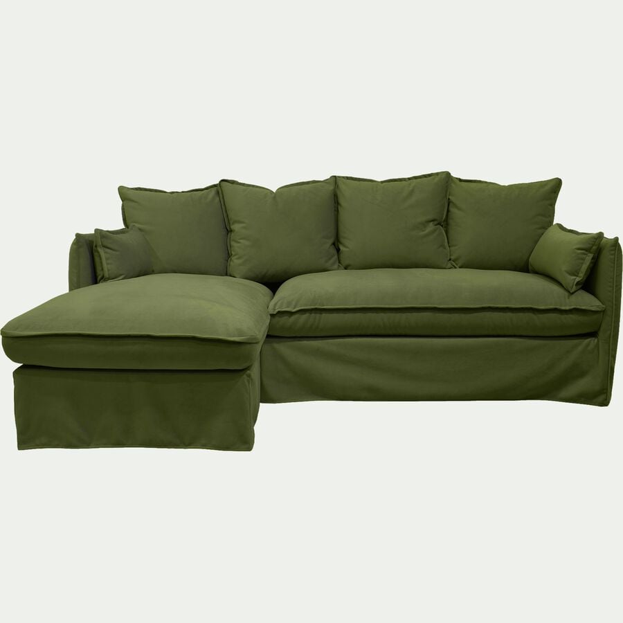 Canapé d'angle gauche fixe en velours - vert garrigue-KALISTO