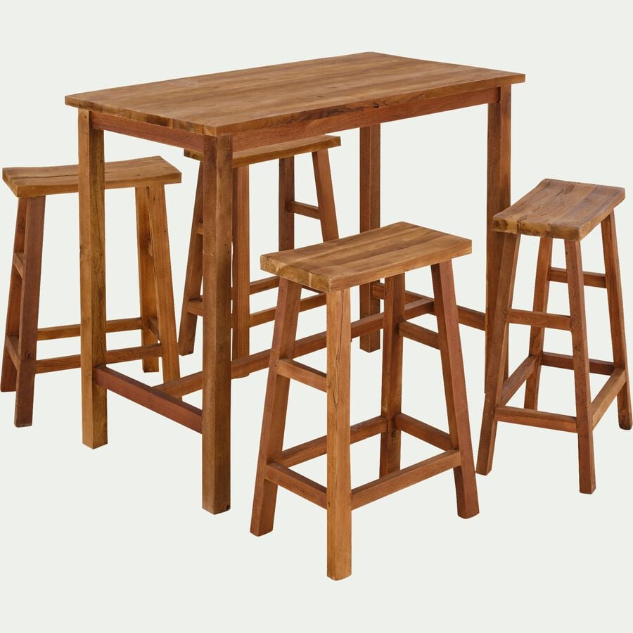 Set de repas 1 table haute et 4 tabourets en bois recyclé - bois clair (4 places)-JAGODA