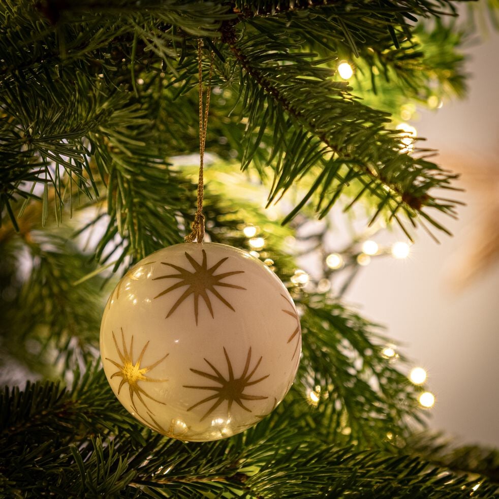 Boule de Noël en résine et en zari à motif étoiles D7,50cm - blanc-GUARANDA