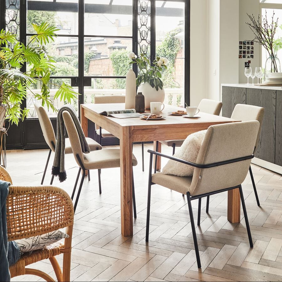 Table de repas extensible rectangulaire en chêne blanc - bois clair (8 à 12 places)-LANKARIA