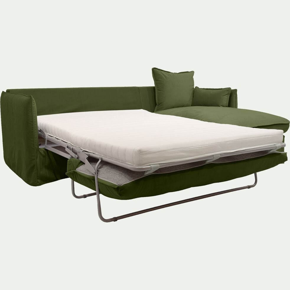 Canapé d'angle droit convertible en velours - vert garrigue-KALISTO