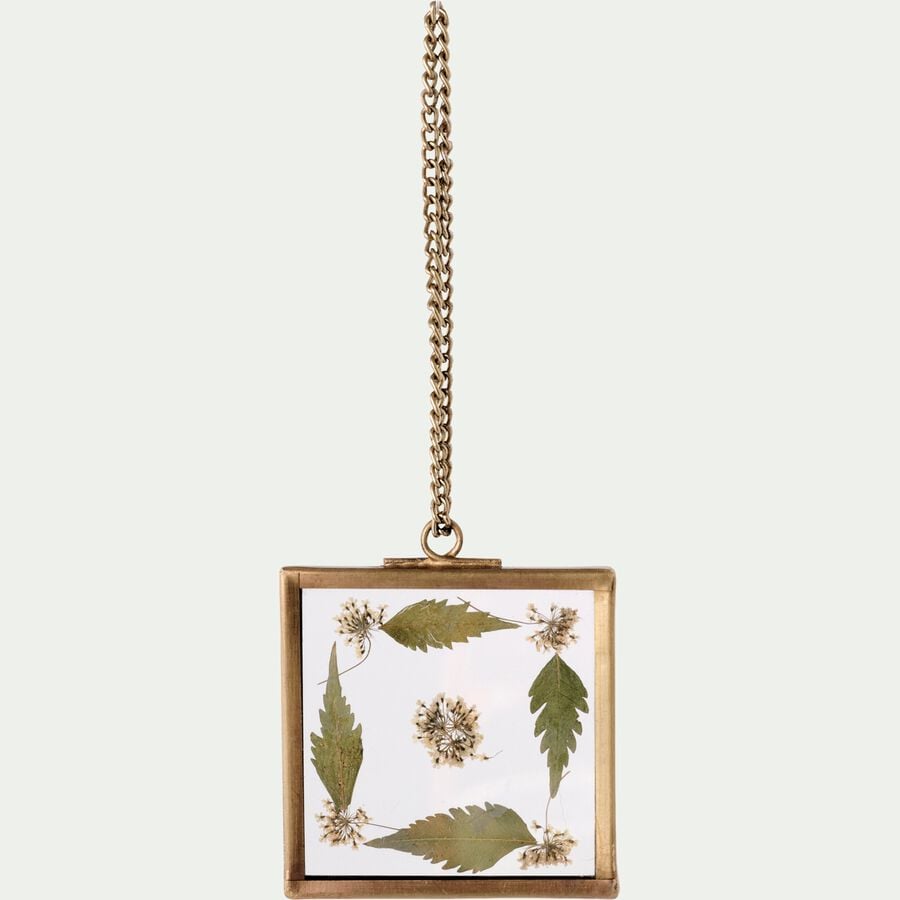 Suspension de Noël en verre et laiton avec fleurs séchées forme carrée H5,50cm - doré-JUNIN