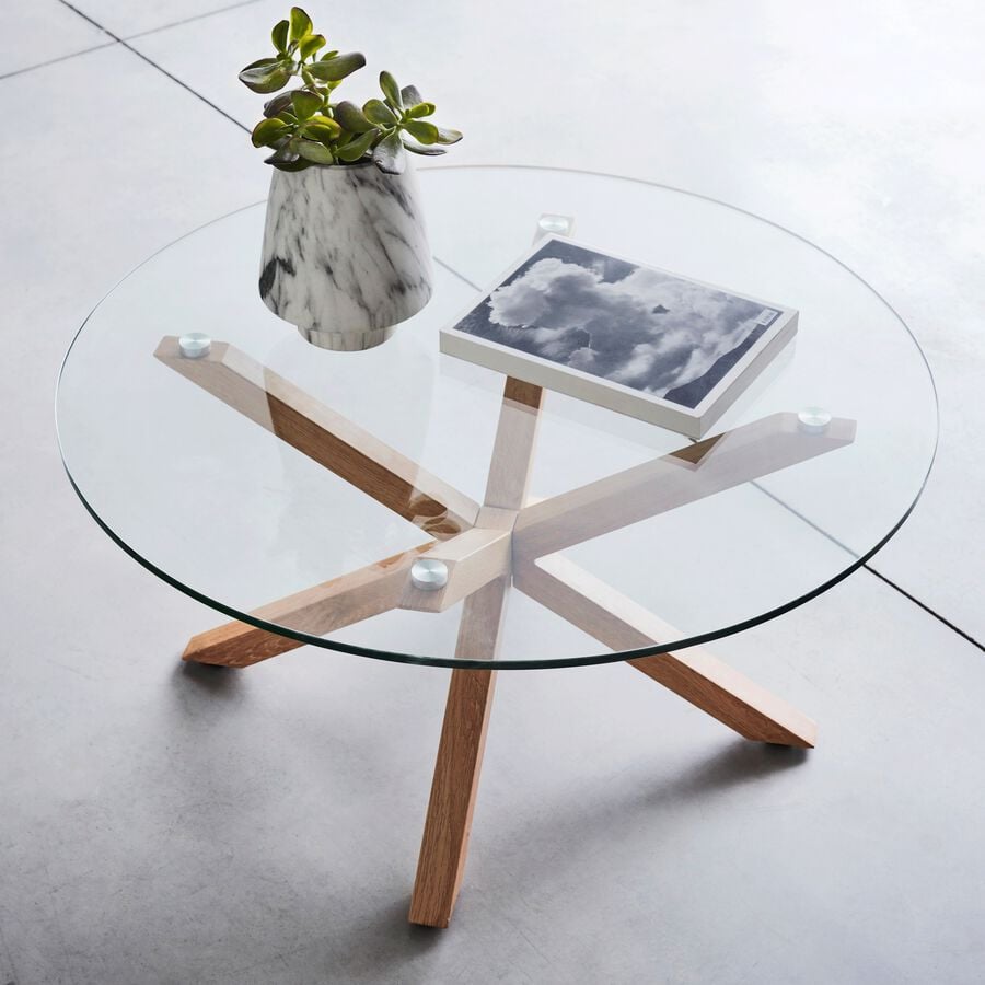 Table basse ronde en verre et piétement métal effet bois - transparent-ARENO
