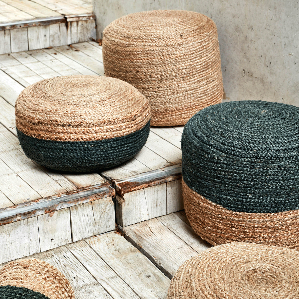 Pouf en jute coloris naturel et vert cèdre 50x50x20cm NAÏA coussins