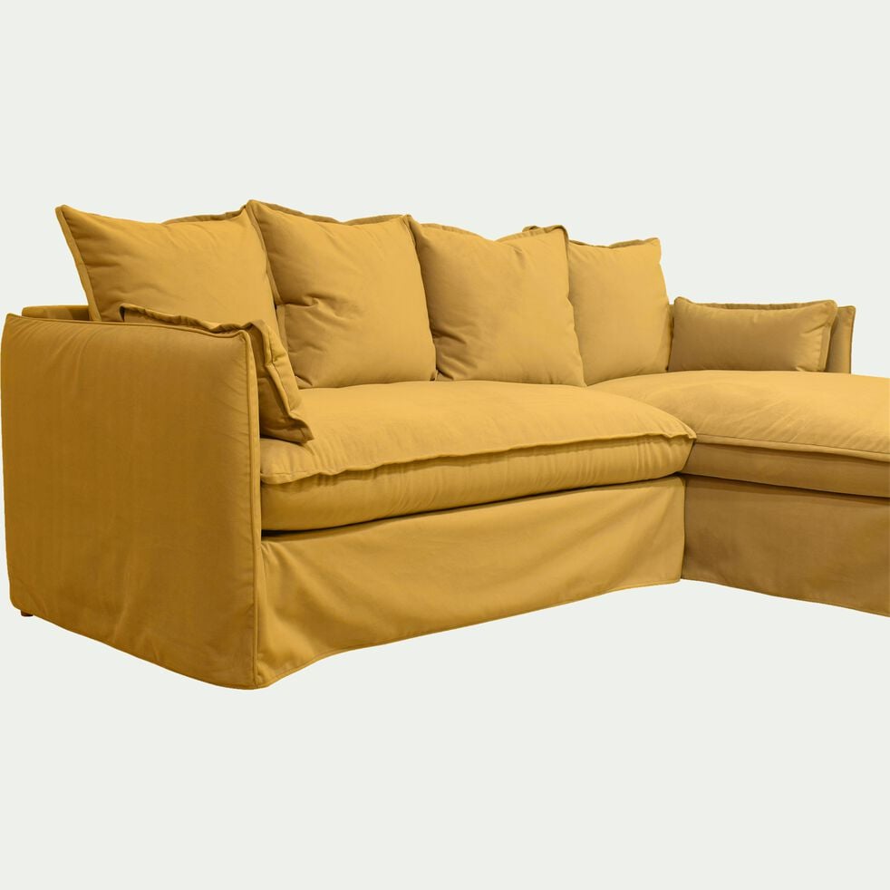 Canapé d'angle droit fixe en velours - jaune argan-KALISTO