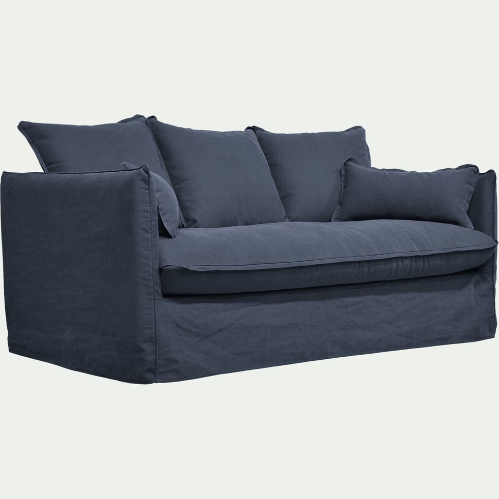 Canapé 4 places fixe en coton et lin - bleu calabrun-KALISTO
