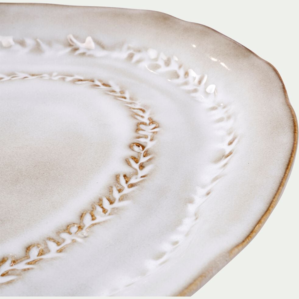 Plat de présentation ovale à motif végétal en grès L40cm - beige alpilles-ALBA