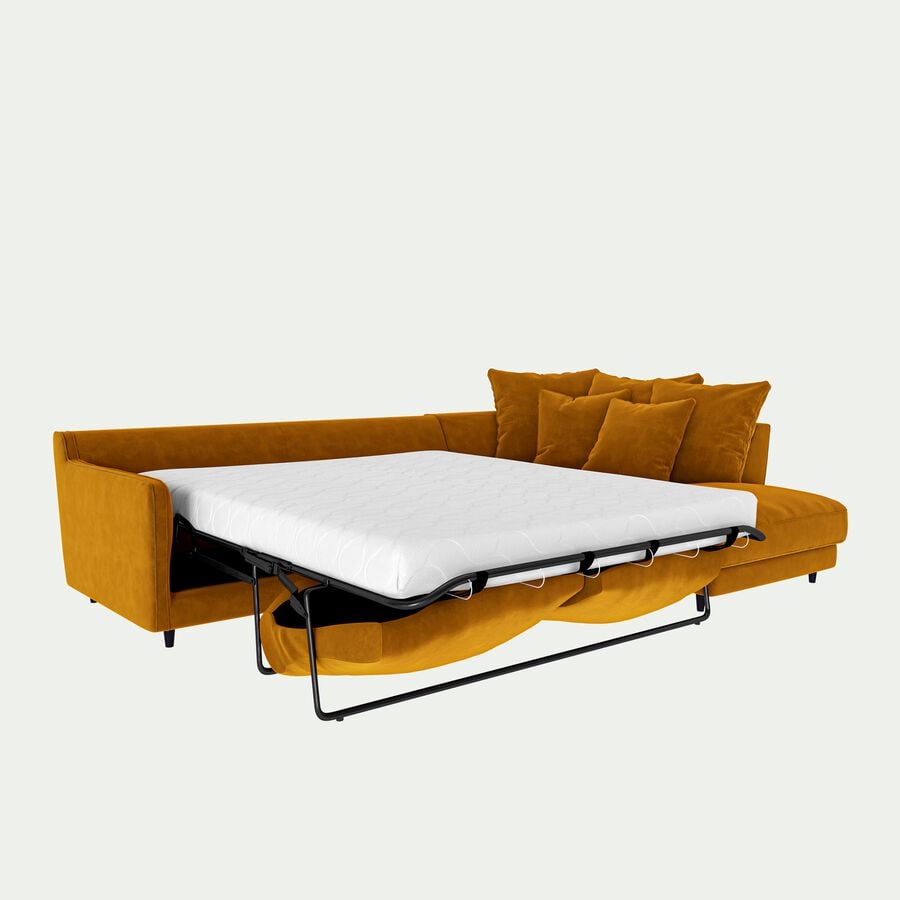 Canapé d'angle droit convertible en velours - jaune argan-LENITA