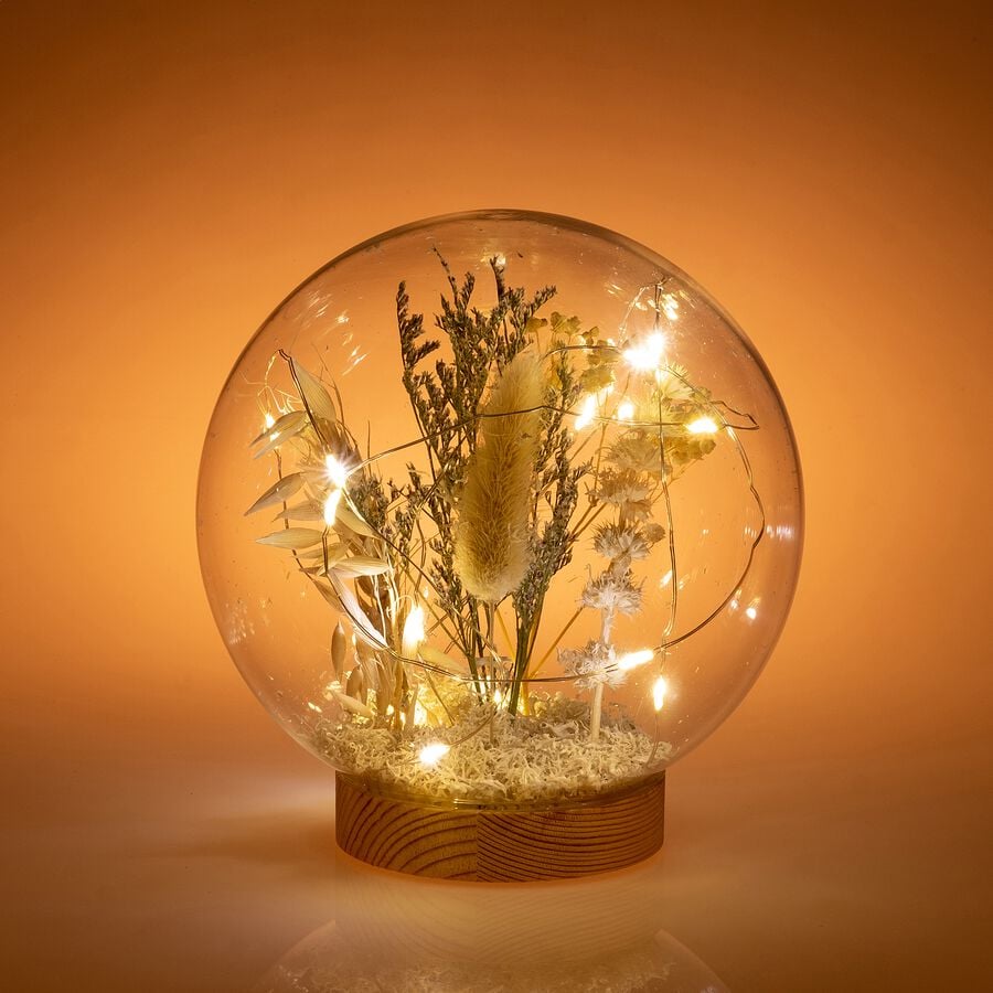 Boule en verre et bois électrifiée et fleurs séchées - transparent D15cm-ADIYAM