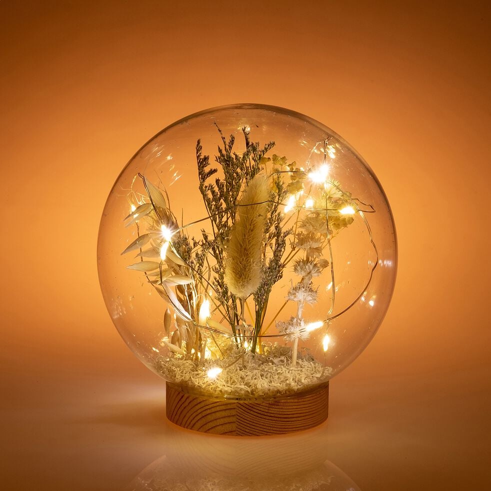 Boule en verre et bois électrifiée et fleurs séchées - transparent D15cm-ADIYAM