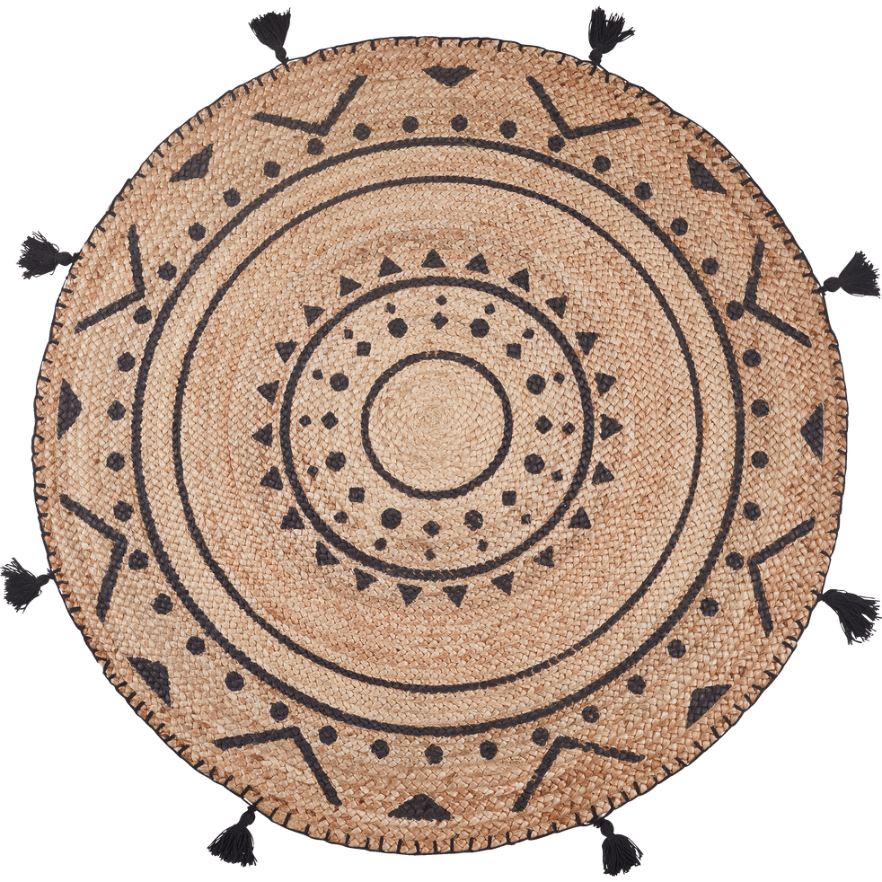 Tapis en jute rond motifs ethniques et ponpoms gris ...