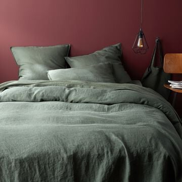 Linge de lit uni en lin lavé - vert cèdre-VENCE