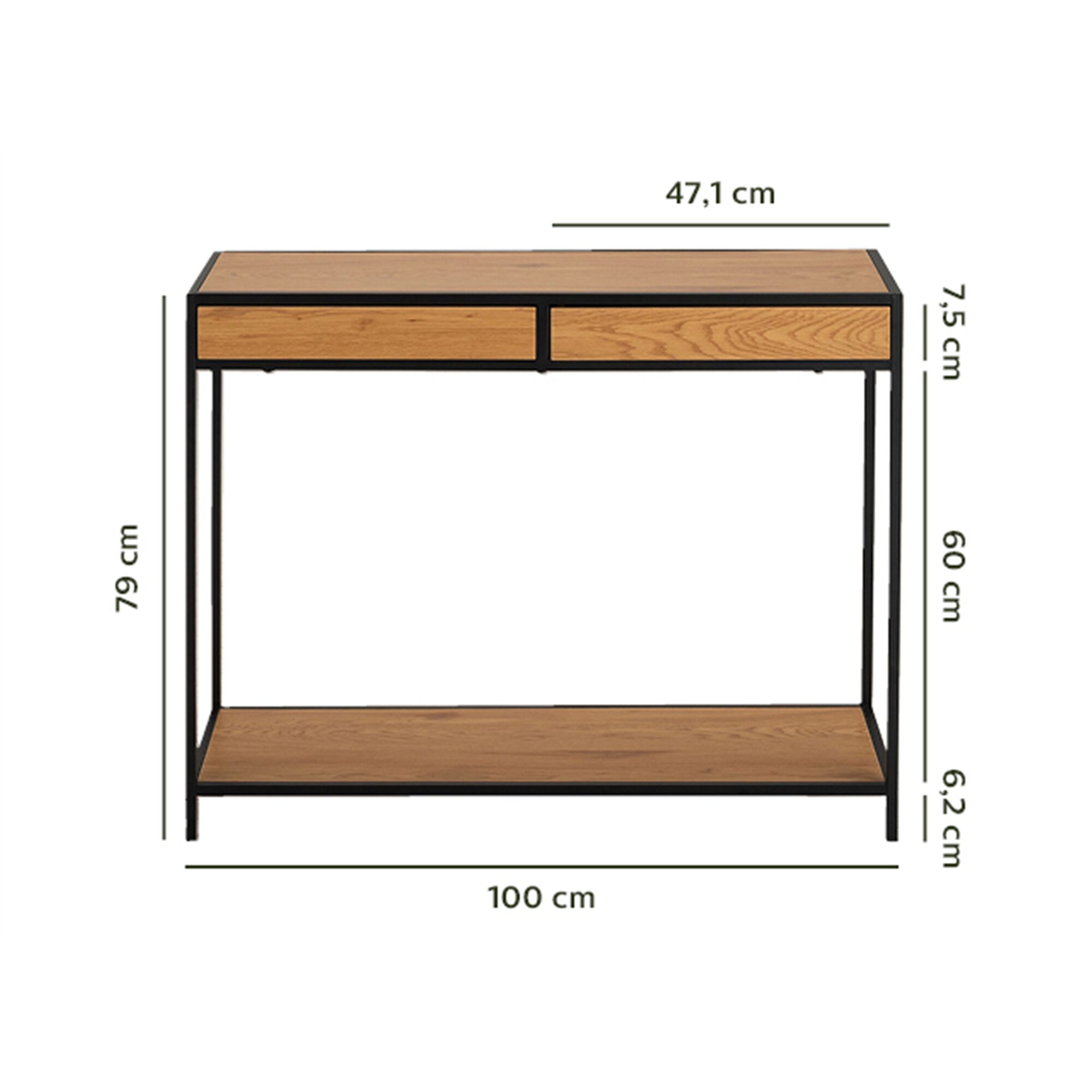 Console 2 tiroirs en métal et effet chêne - bois foncé L100xP35xH79cm-DANANG