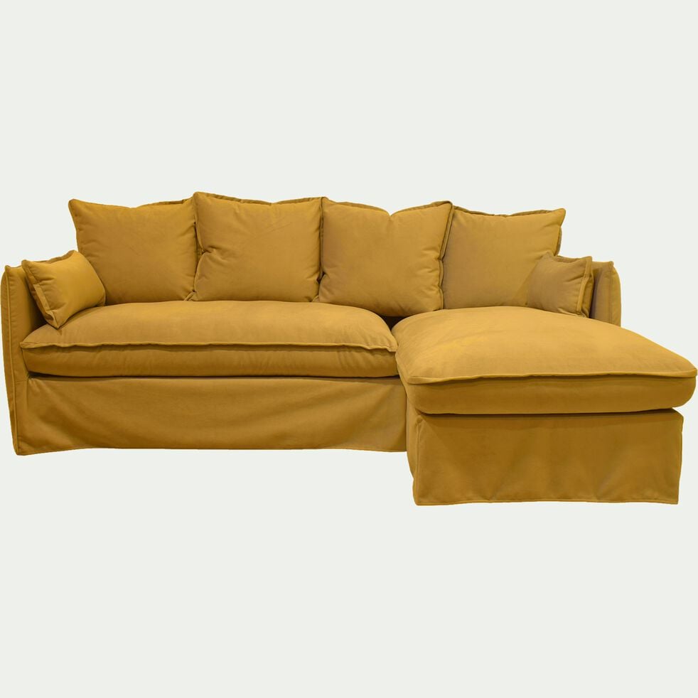 Canapé d'angle droit convertible en velours - jaune argan-KALISTO
