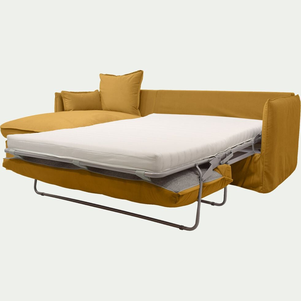 Canapé d'angle gauche convertible en velours - jaune argan-KALISTO
