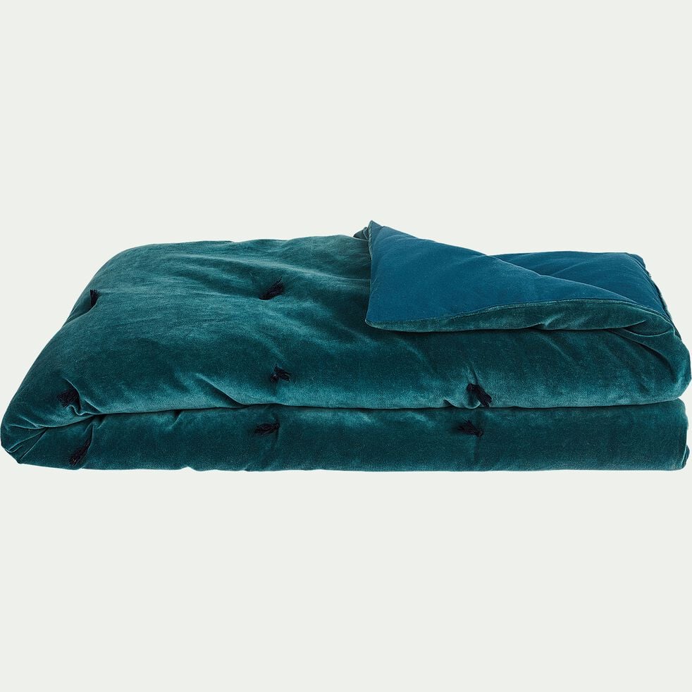 Édredon en velours de coton 100x180cm piquage pompons - bleu-EDEN