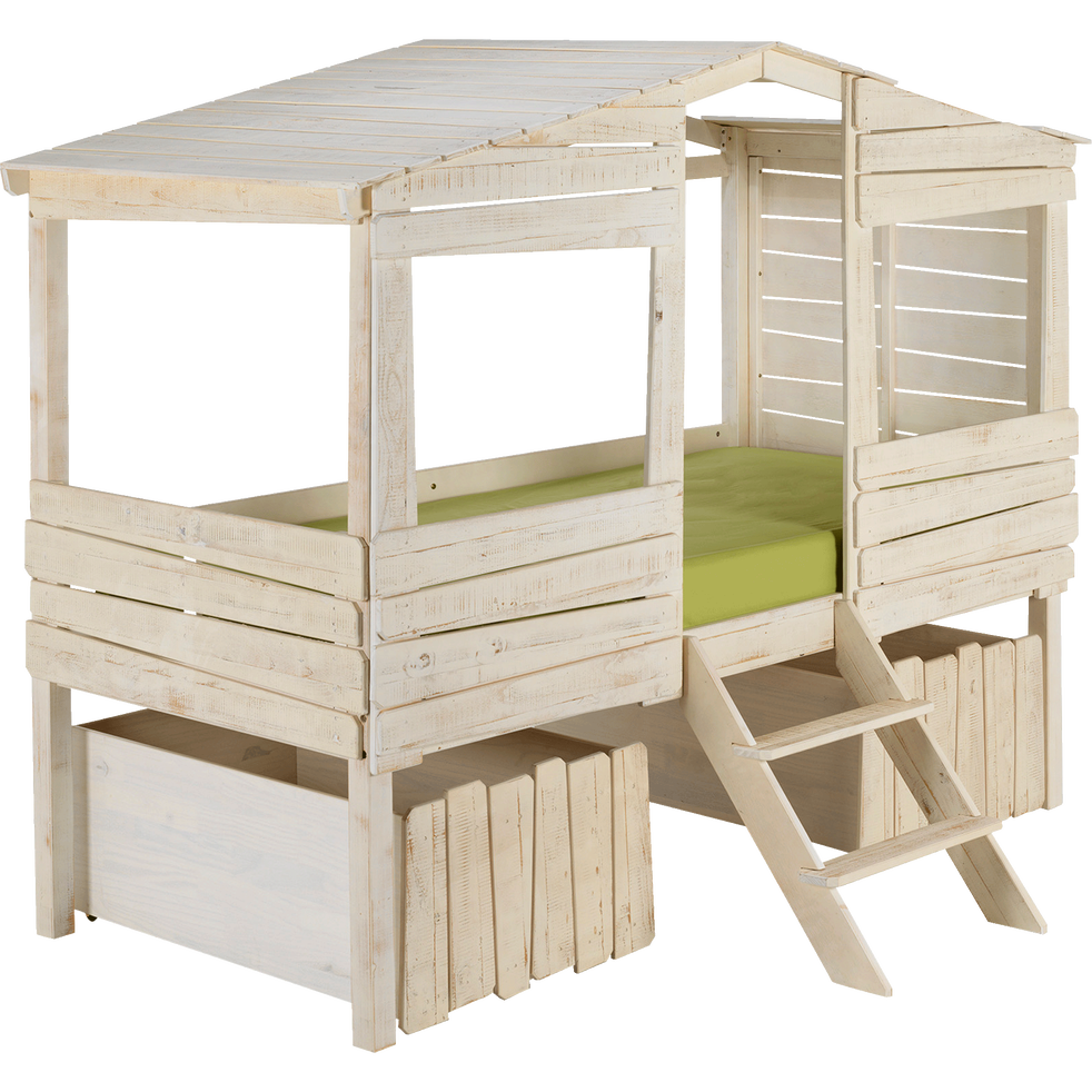 Lit cabane 1 place en pin massif blanc 90x200 cm Woody wood 90x200