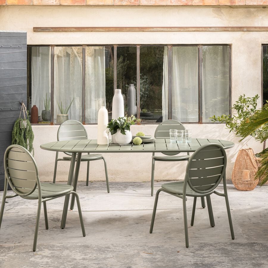 Table de repas jardin ovale en acier - vert cèdre (6 places)-DOUNA