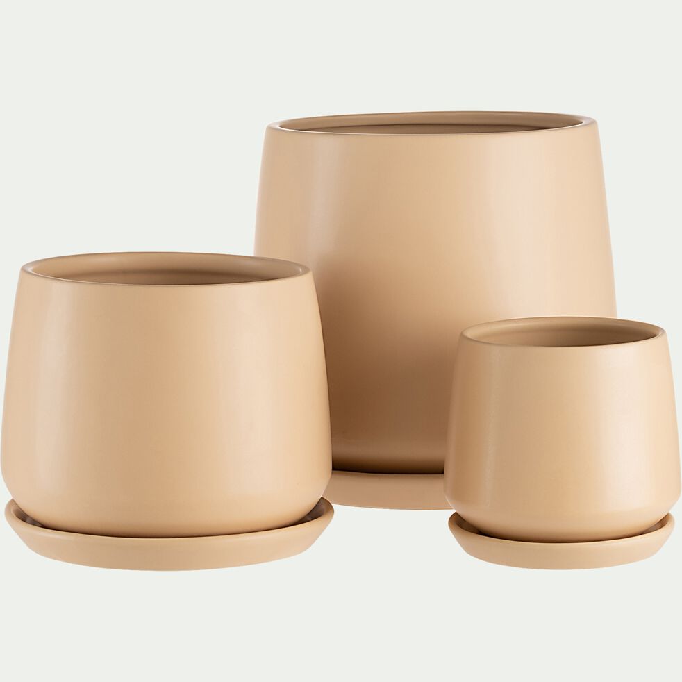 Pot avec soucoupe en céramique - beige H18cm-JUAN