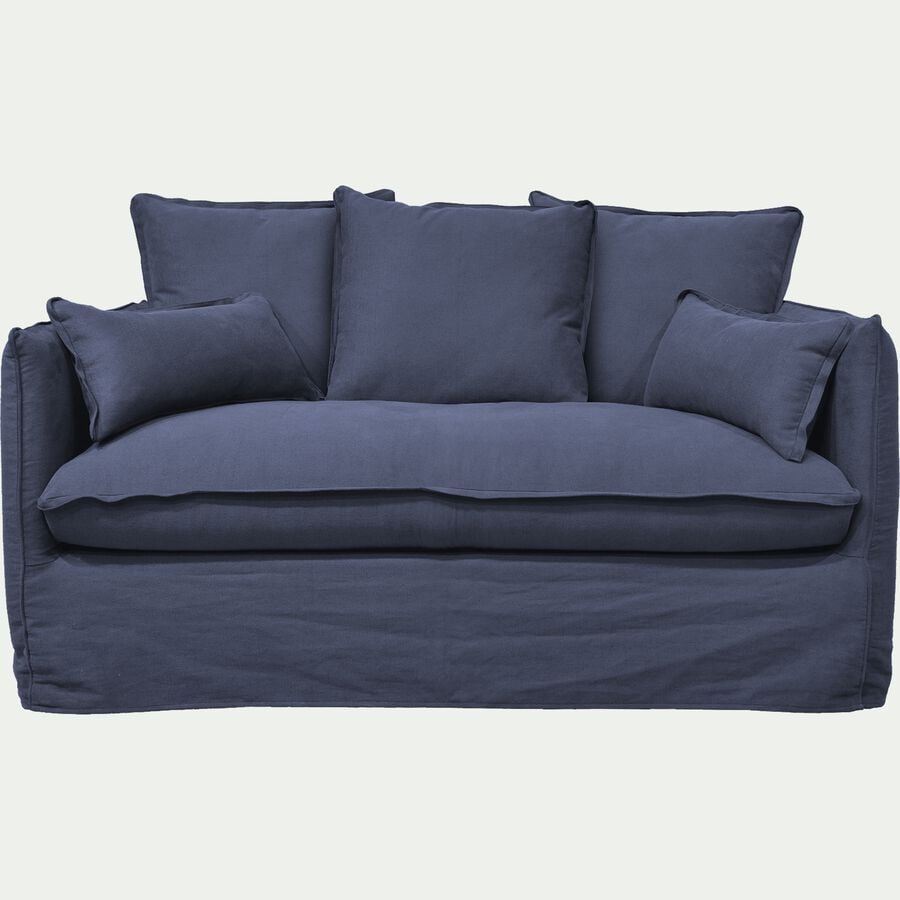 Canapé 2 places fixe en coton et en lin - bleu calabrun-KALISTO