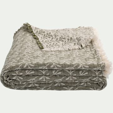 Couvre lit en coton motif feuilles finition franges 230x250cm - vert-CALIMEA