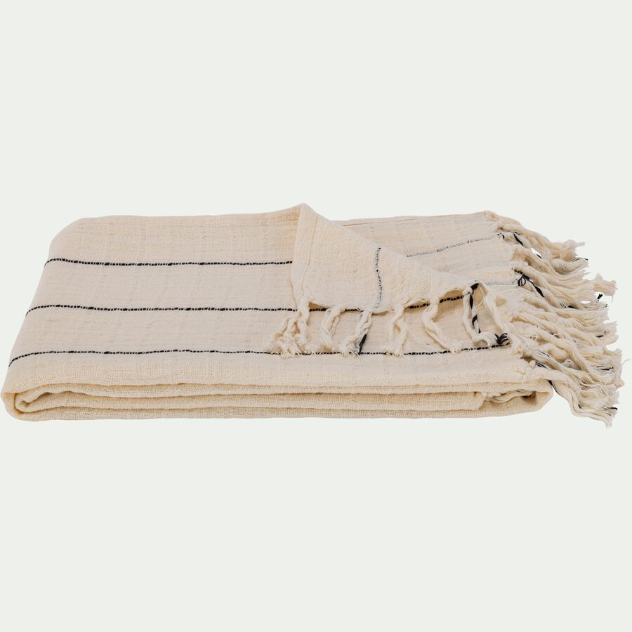IZAR Plaid en coton à rayures finition franges 130x170cm - blanc-IZAR
