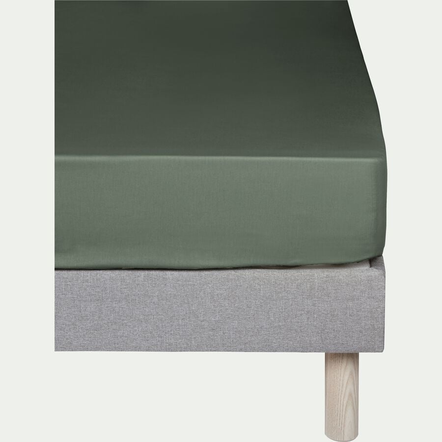 Drap housse en percale de coton 180x200cm B30cm - vert cèdre-FLORE