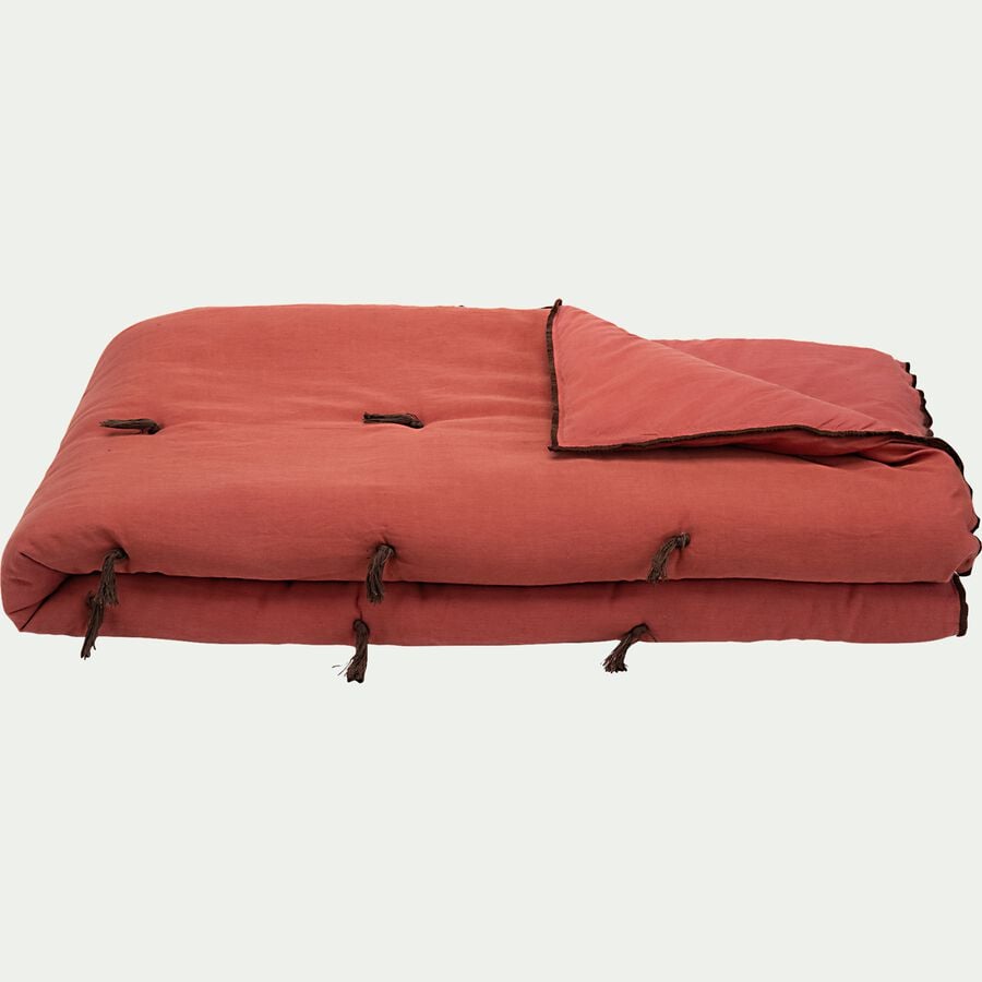 Édredon en lin et coton 100x180cm piquage pompons - rouge arcilla-ELINA