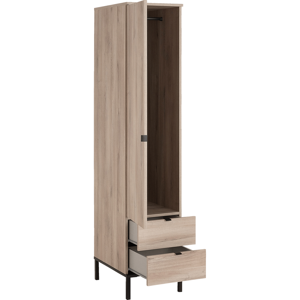Colonne de rangement avec une porte et deux tiroirs finition chêne
