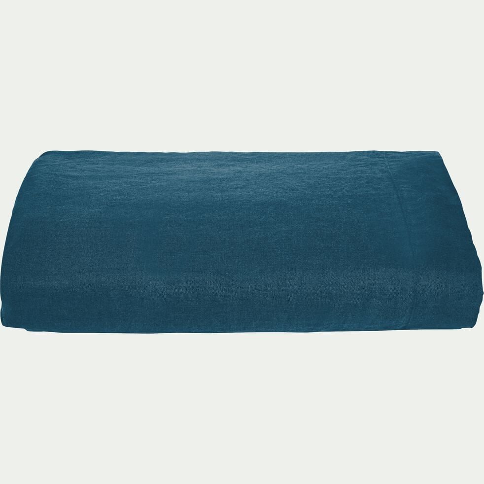 Linge de lit uni en lin lavé - bleu figuerolles-VENCE