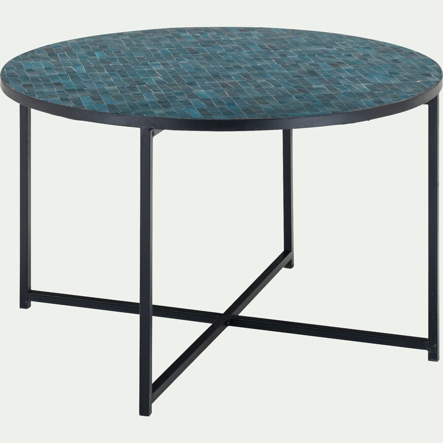 Table de jardin fixe ronde en zellige et acier galvanisé - bleu (2 à 4 places)-JABHA