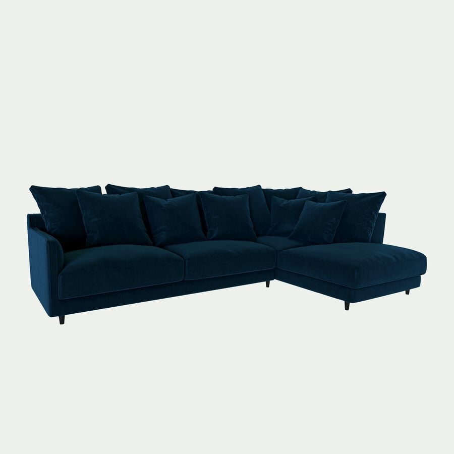 Canapé d'angle droit fixe en velours - bleu figuerolles-LENITA