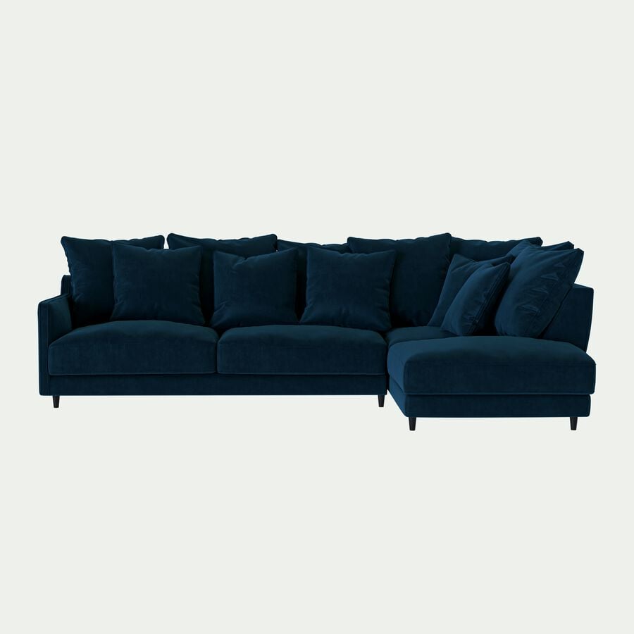 Canapé d'angle droit fixe en velours - bleu figuerolles-LENITA