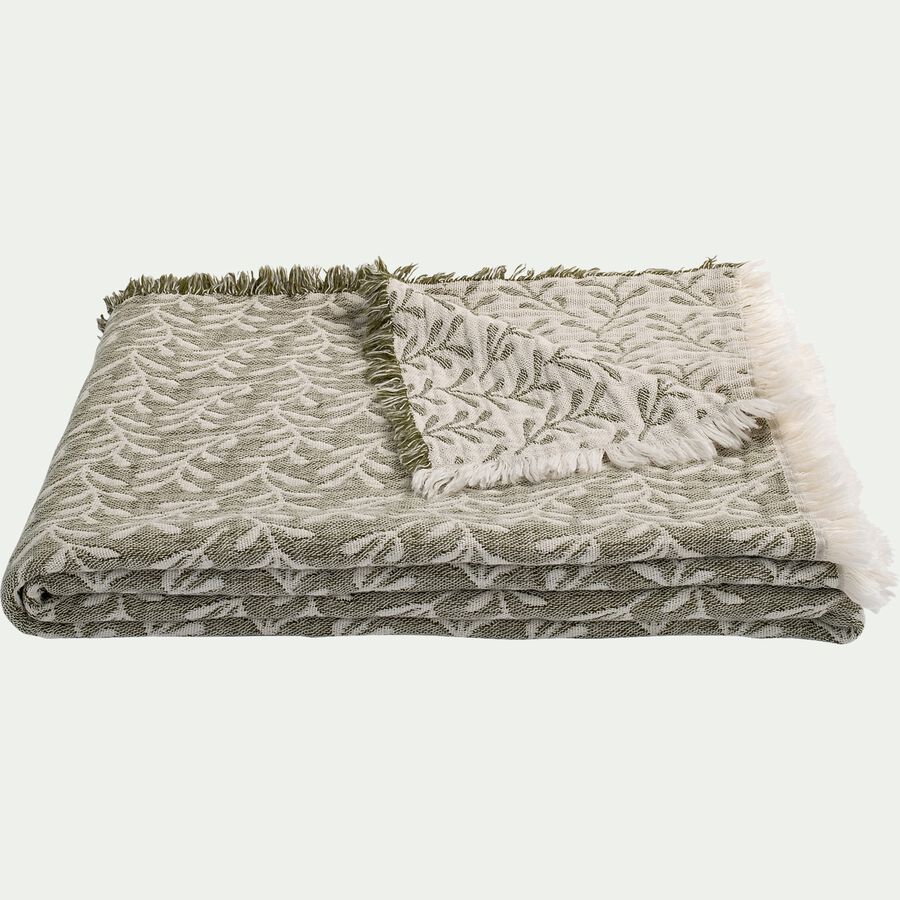 Plaid en coton motif feuilles finition franges 130x170cm - vert-CALIMEA