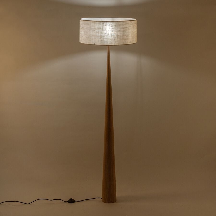 Lampadaire en métal effet bois clair et coton - blanc écru D50cm-KONE