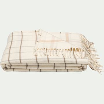 Plaid en coton et laine motif tartan finition franges 130x170cm - blanc écru-GILLIES