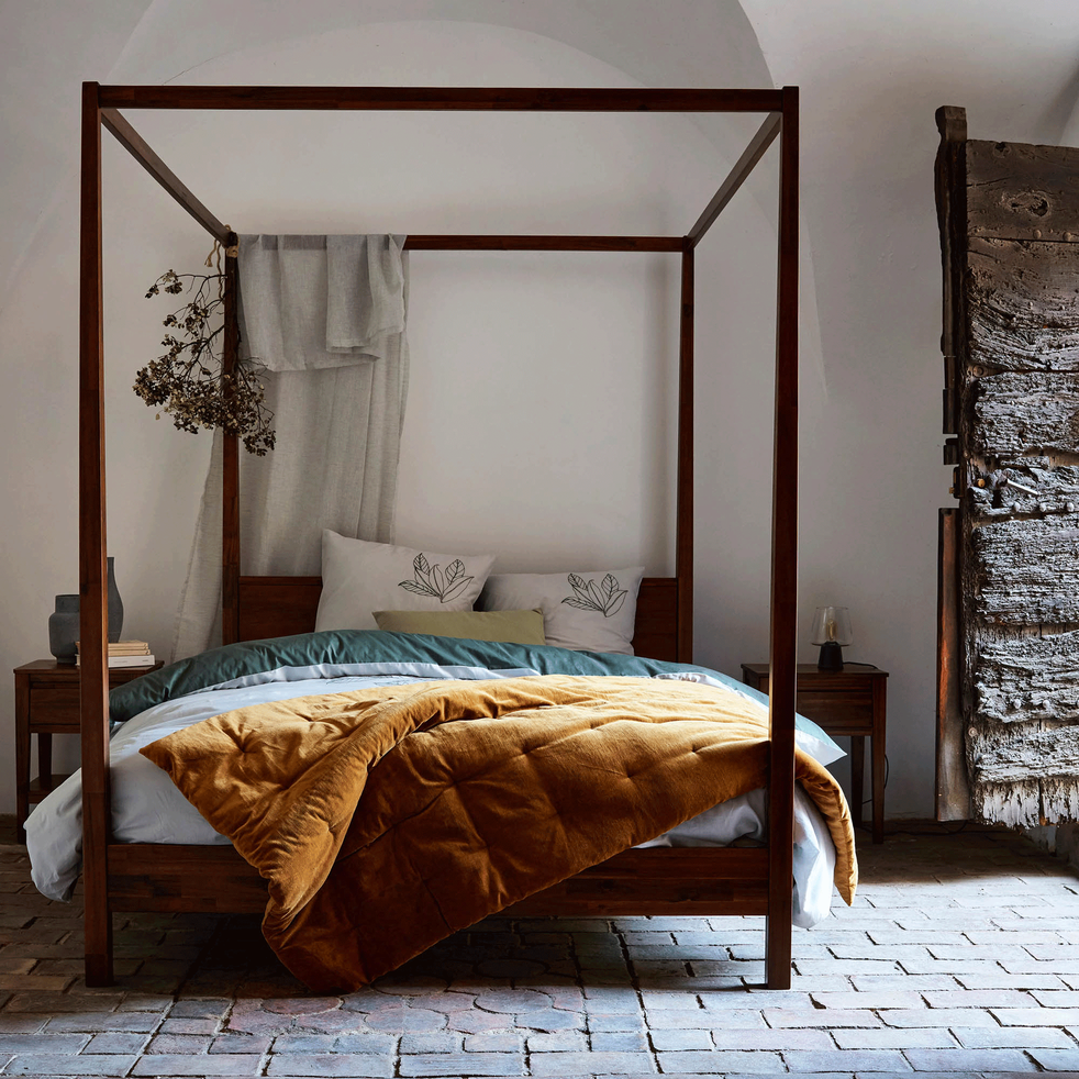 Lit 2 places avec baldaquins en acacia massif - 140x200 cm ...