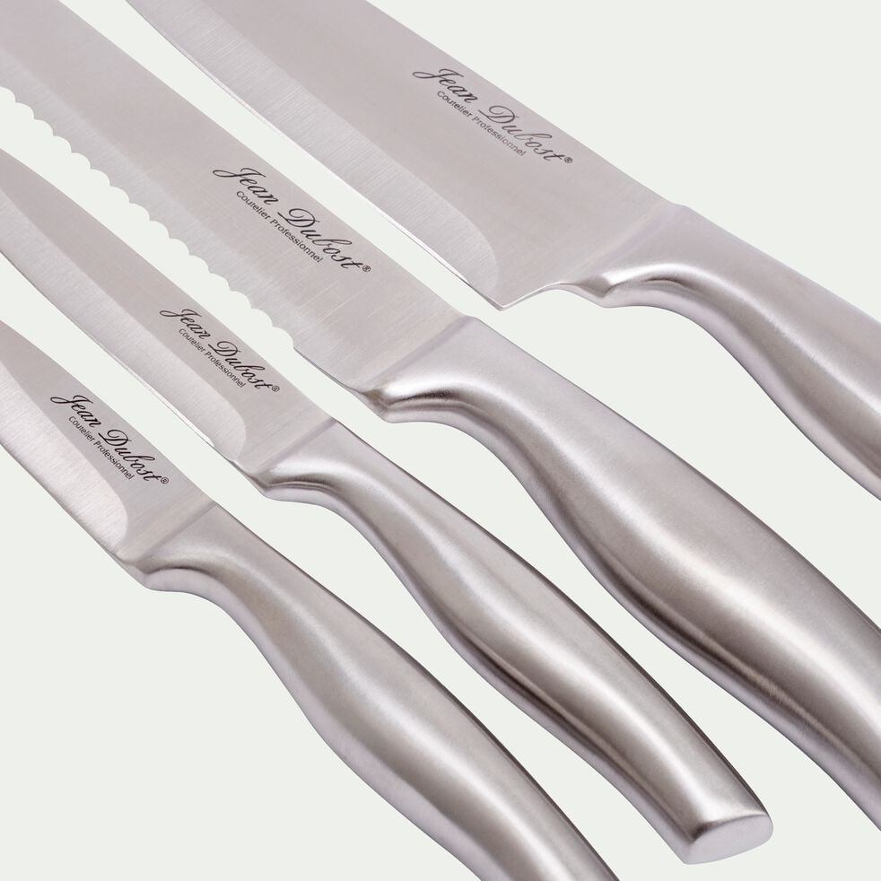 Bloc 4 couteaux de cuisine en inox avec support en hévéa - naturel-FUSAL