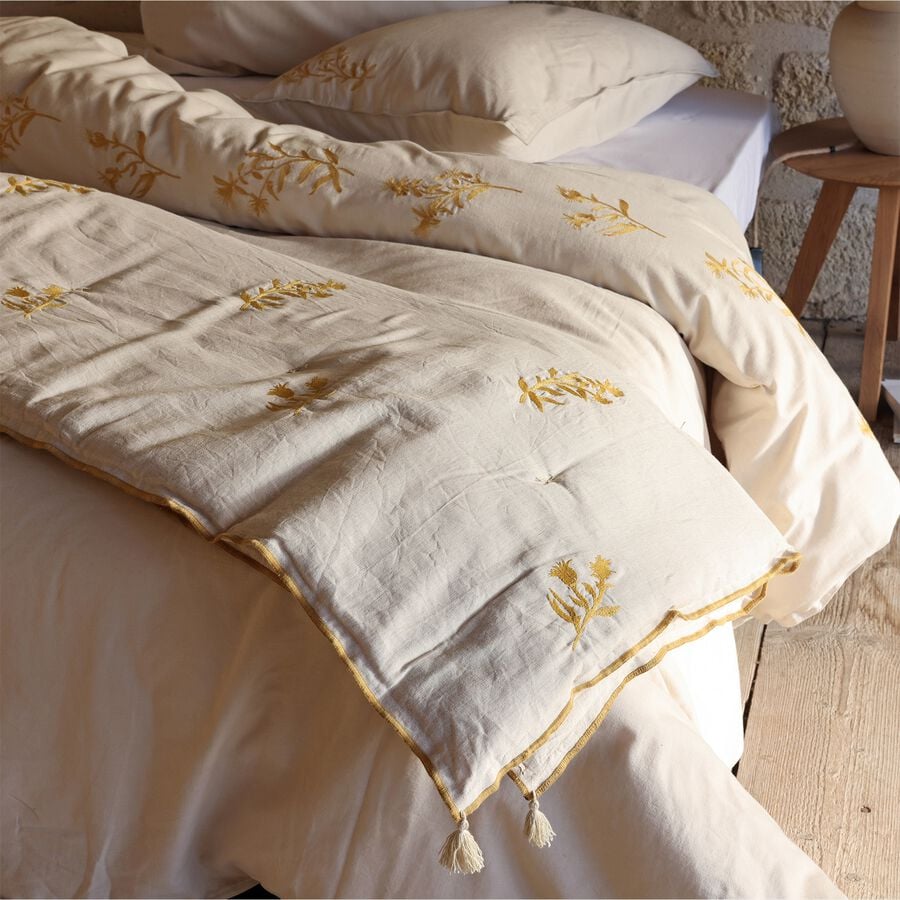 Édredon en lin et coton 100x180cm broderies florales - blanc-CENTAUREE