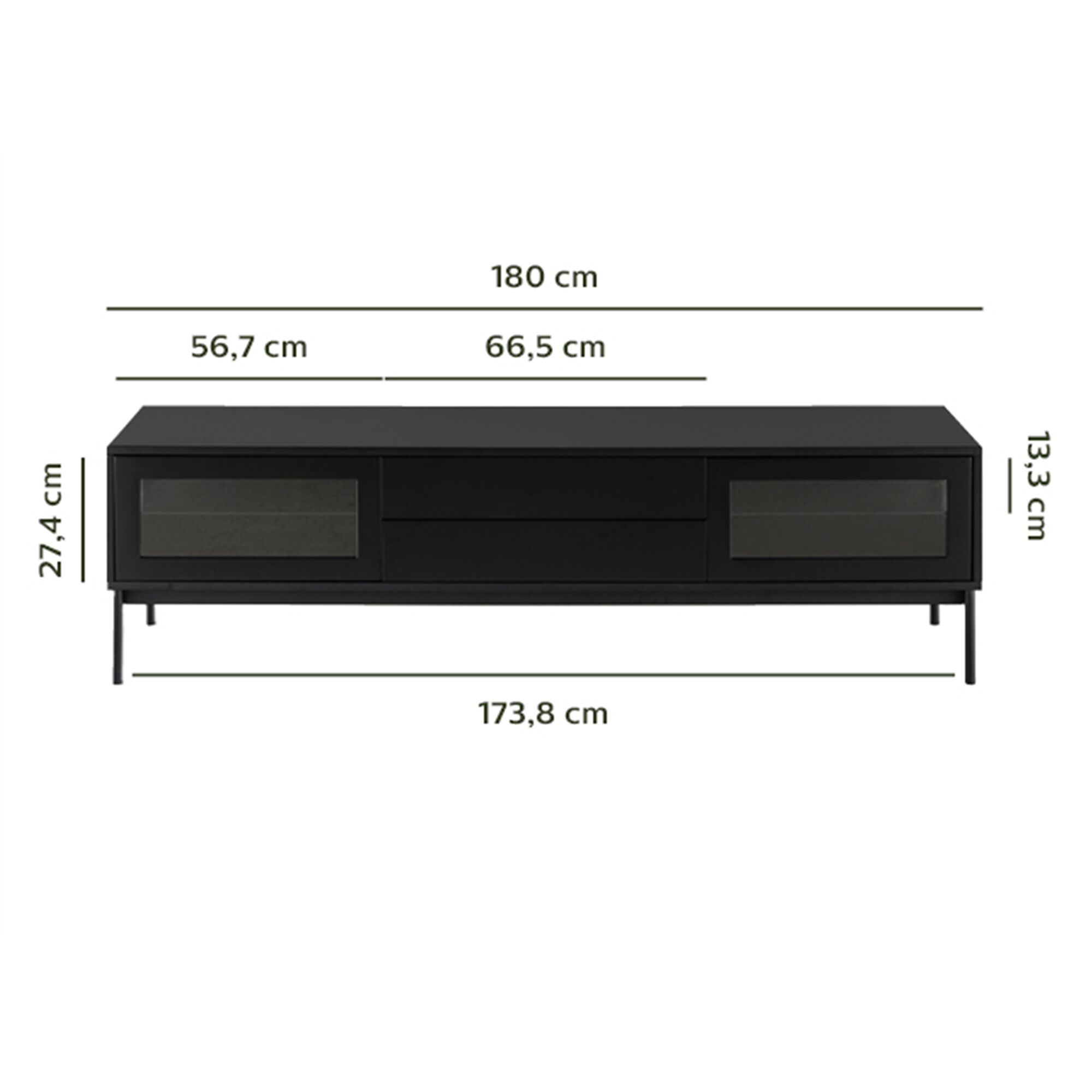 Meuble tv 4 portes en bois et verre - noir L180xl42xH51cm-LIPSI