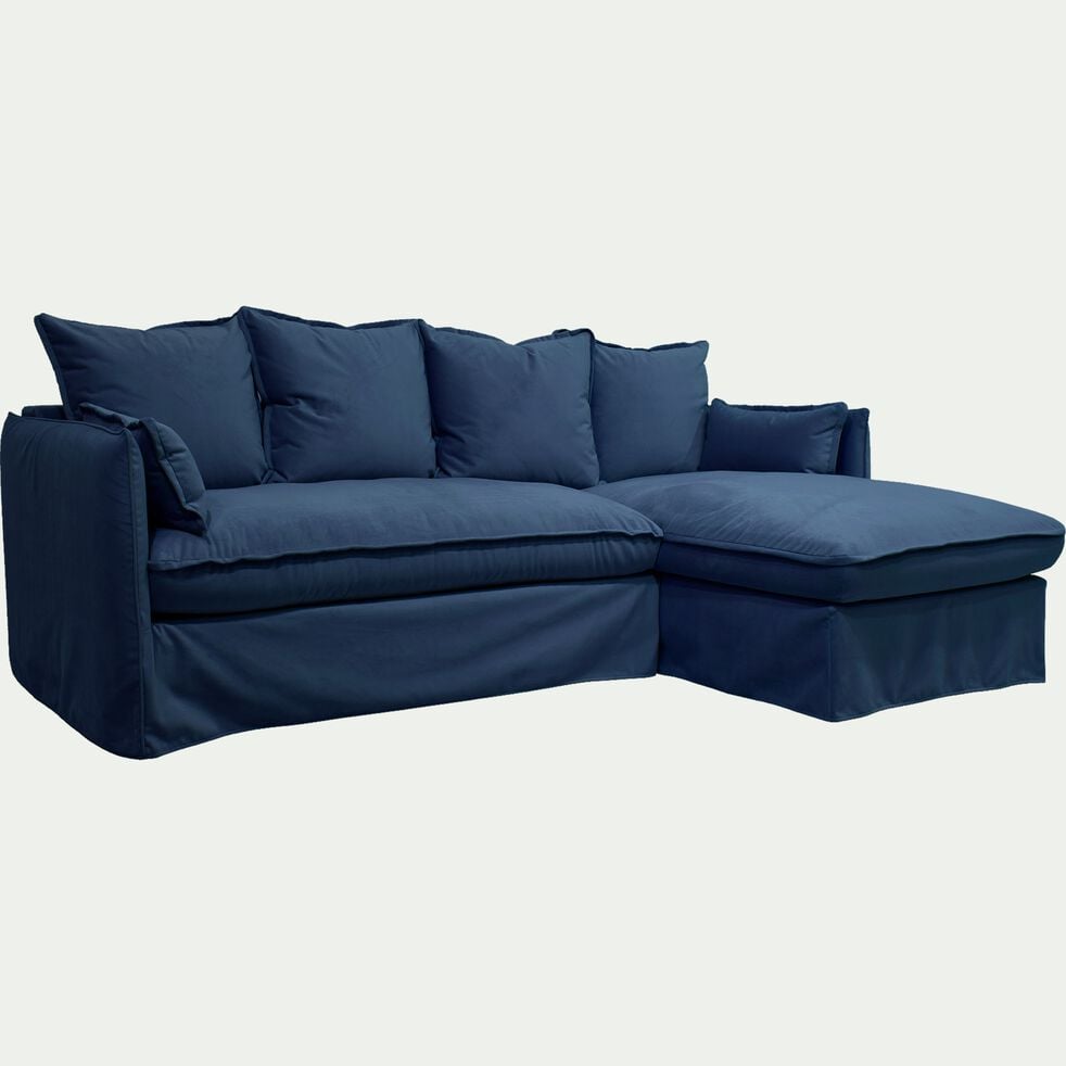 Canapé d'angle droit convertible en velours - bleu marine-KALISTO