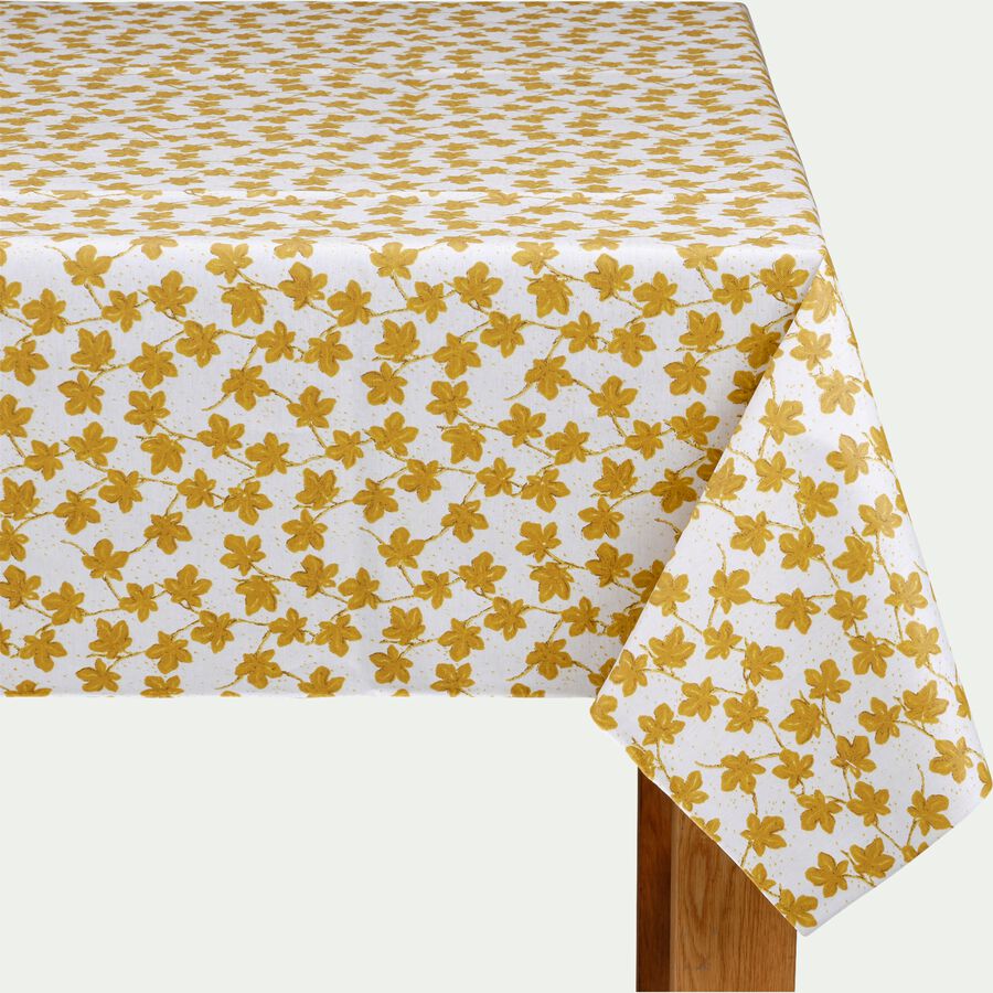 Nappe enduite en coton motif figuier - jaune argan 150x250cm-FIGUIER