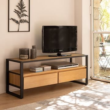 Meuble TV en pin massif et métal L130cm - bois clair-ENDOUME