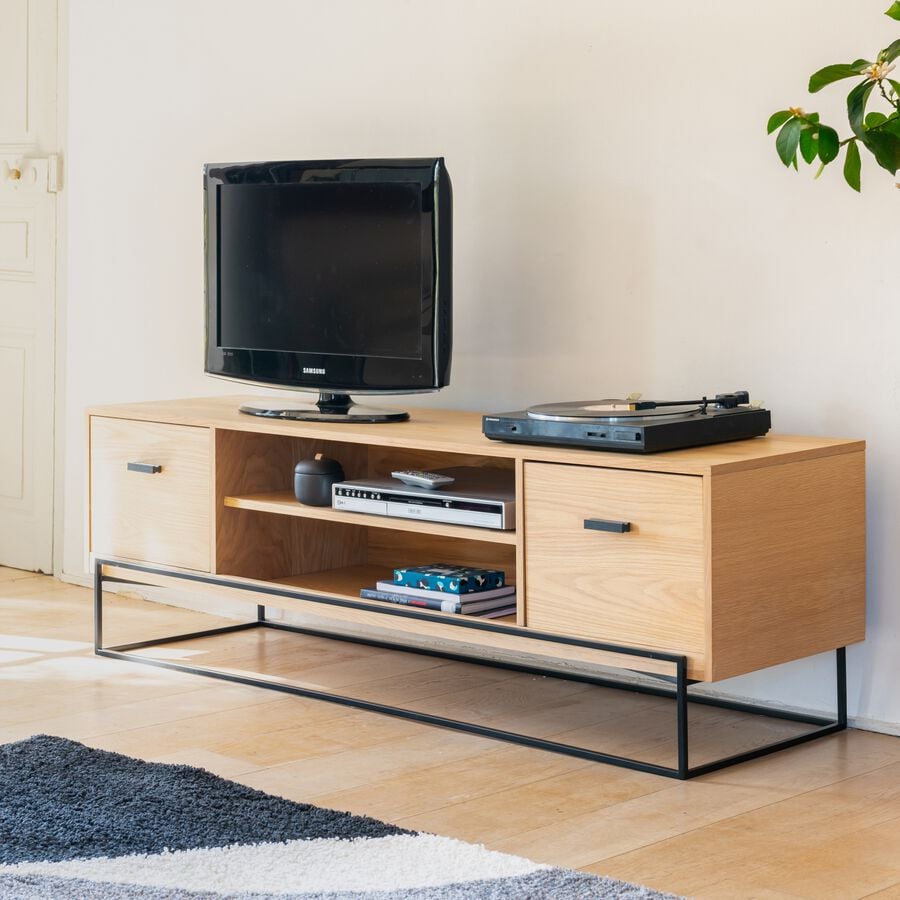 Meuble TV en acier et placage chêne - bois clair-CESARINE