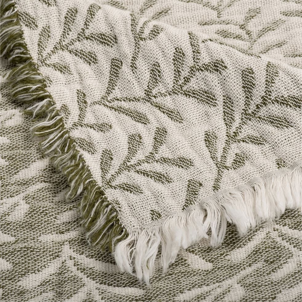 Couvre lit en coton motif feuilles finition franges 230x250cm - vert-CALIMEA