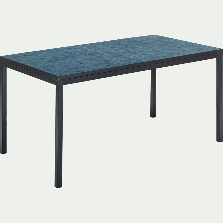 Table de jardin fixe rectangulaire en zellige et acier galvanisé - bleu (4 à 6 places)-JABHA
