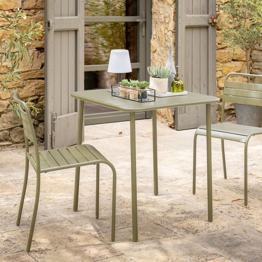 Table de repas jardin fixe rectangulaire en acier - vert kaki (2 places)-SOURIS